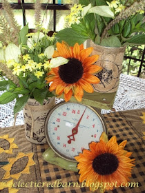 Eclectic Red Barn: Vintage scale, burlap wrapped vases and sunflowers