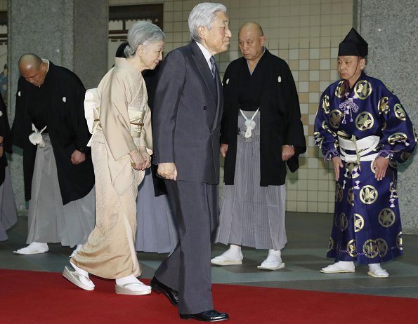 Emperor Akihito and Empress Michiko attended the opening of the New Year Grand Sumo Tournament at the Ryogoku Kokugikan