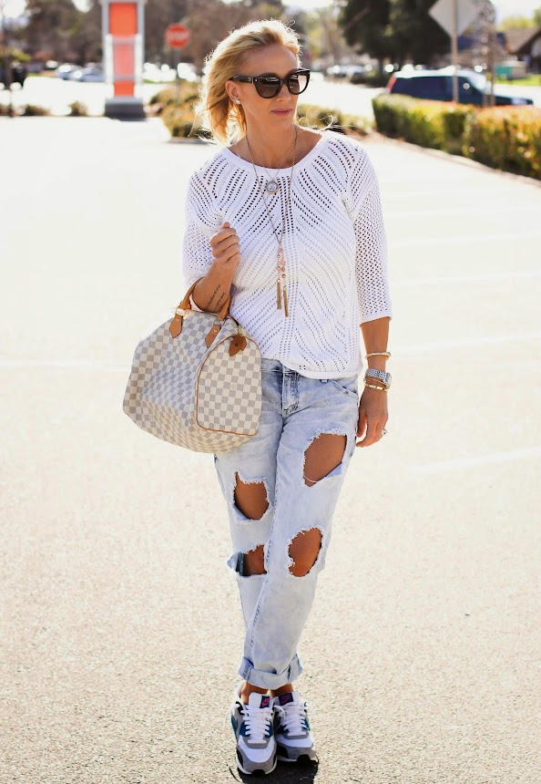 Crochet sweater with relaxed denim