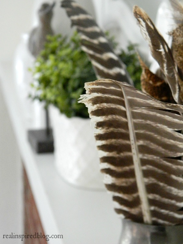 A fresh spring mantel decorated using plants and feathers and set against alabaster white walls.