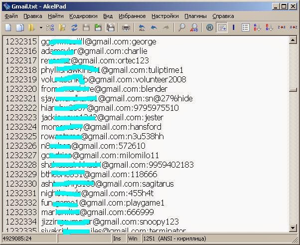 list of all gmail accounts of which passwords have been leaked: