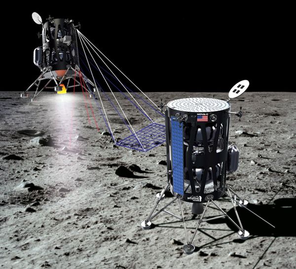 An artist's concept of Intuitive Machines' lunar lander on the surface of the Moon. An artist's concept of Intuitive Machines' lunar lander on the surface of the Moon.