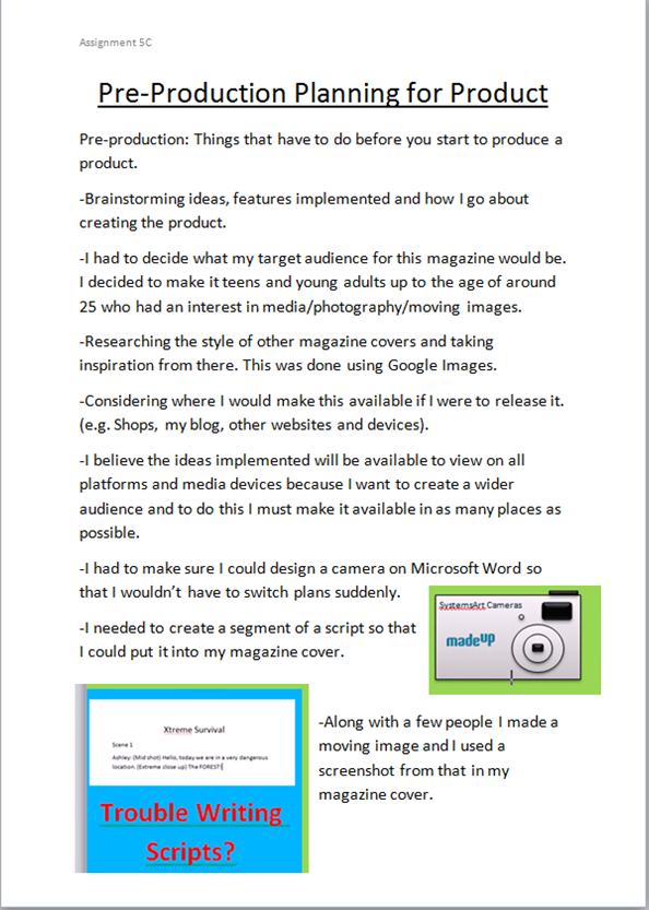 creative media assignment blog Assignment 5C PreProduction Planning
