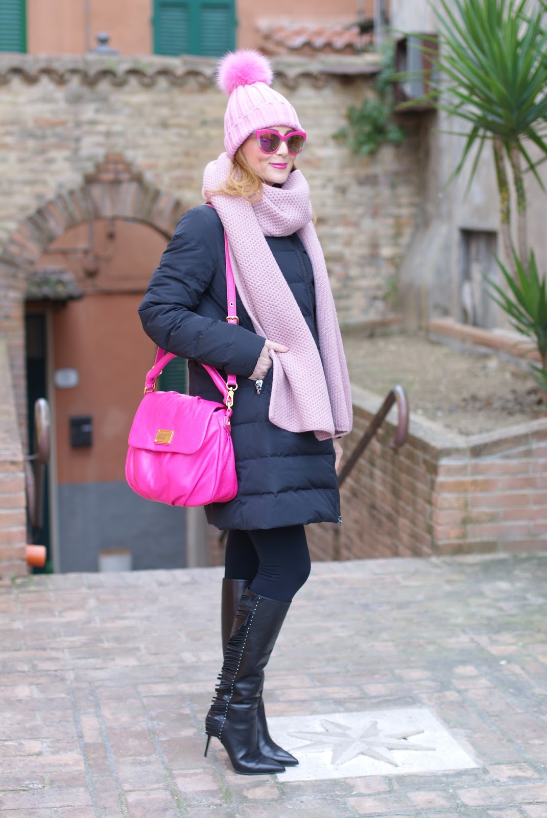 Pink scarf and hat and Moncler jacket on Fashion and Cookies fashion blog, fashion blogger style
