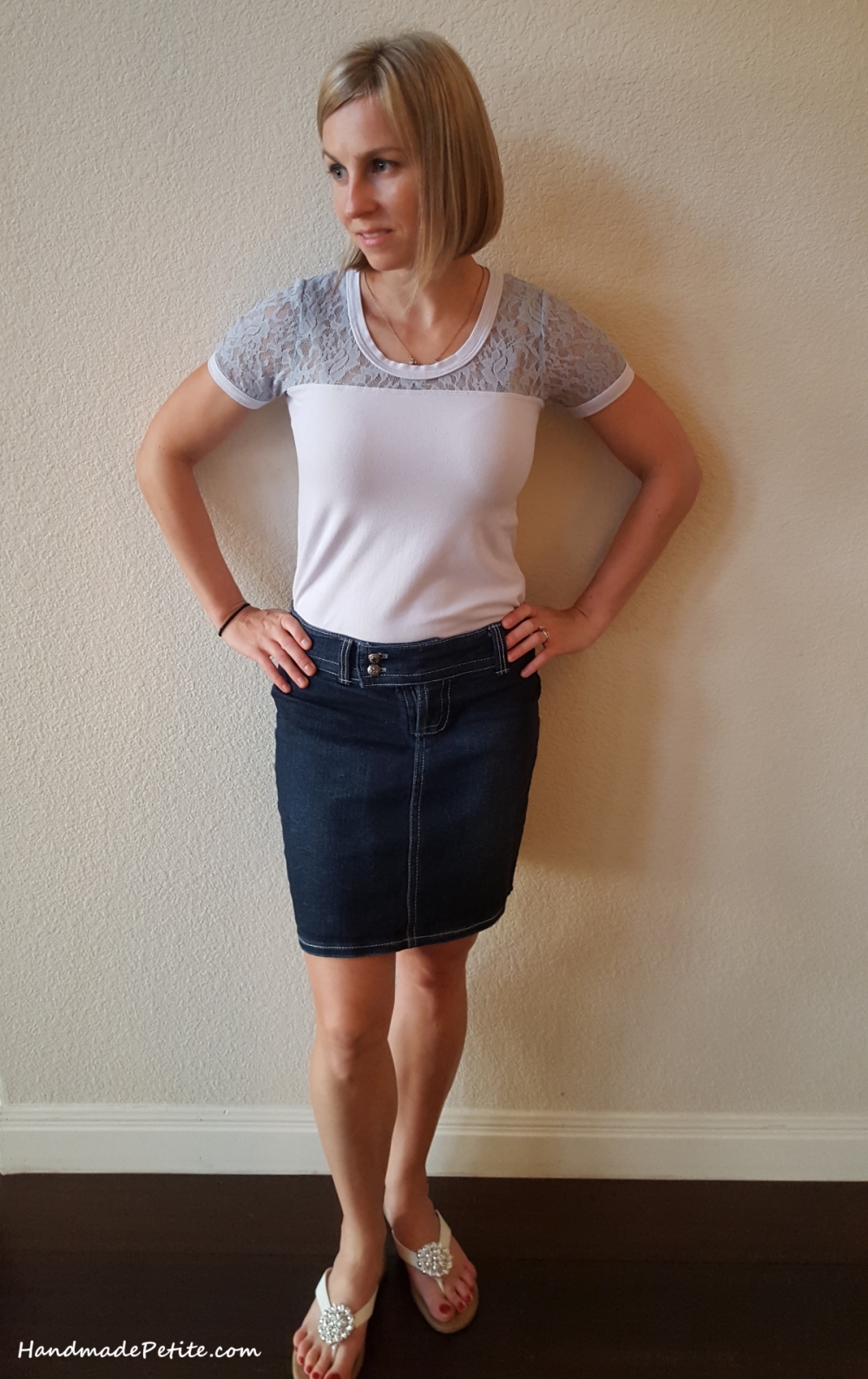 Sewing denim skirt and lace t-shier by HandmadePetite Handmade denim skirt cloned from ready to wear