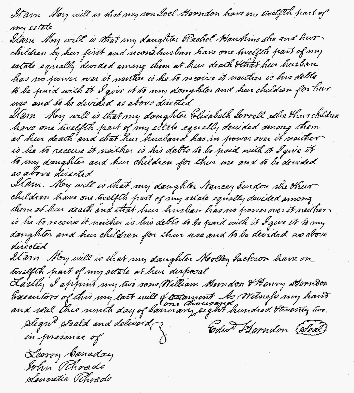 Will of Edward Herndon, Madison Co, Virginia dated 1822  http://jollettetc.blogspot.com