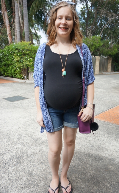 AwayFromBlue | Jeanswest Maternity denim shorts Jenni singlet new look blue printed petite kimono 3rd trimester