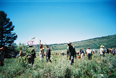 Dancing Ribbon Lady at Rainbow Gathering 2004 California Modoc County near the town of Likely. 