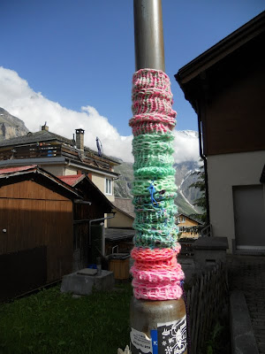 Lamppost covered in knitting in Mürren Town in Switzerland