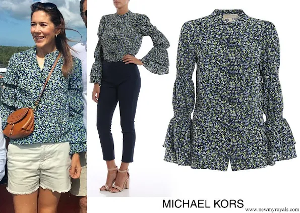 Crown Princess Mary wore Michael Kors floral print crepe shirt with bell cuffs