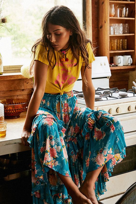 Boho | Knotted printed mustard shirt with floral maxi skirt | Just a ...
