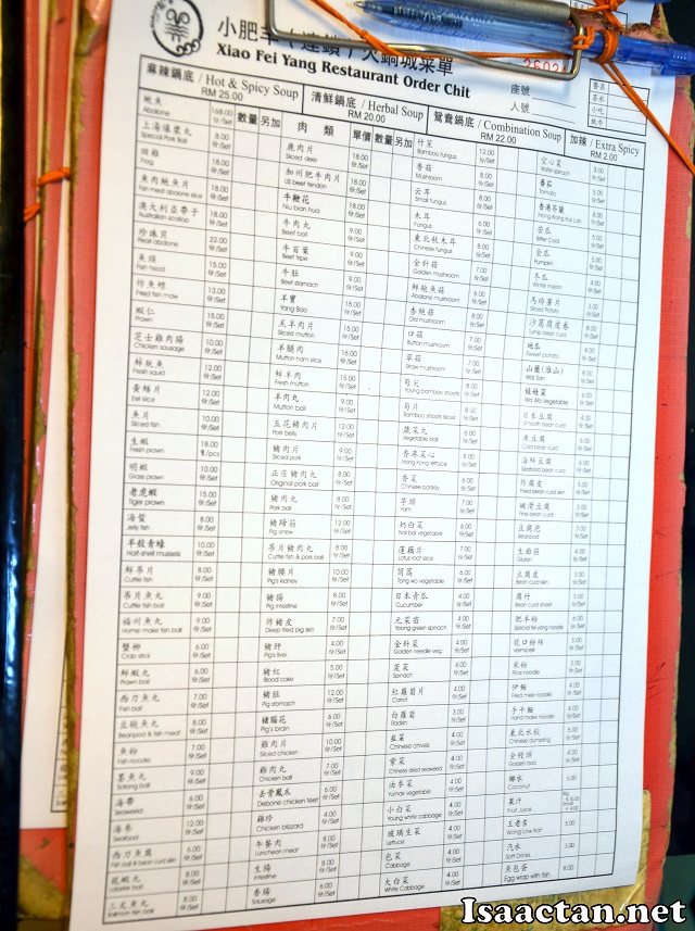 Ingredients price list for Xiao Fei Yang Steamboat Restaurant