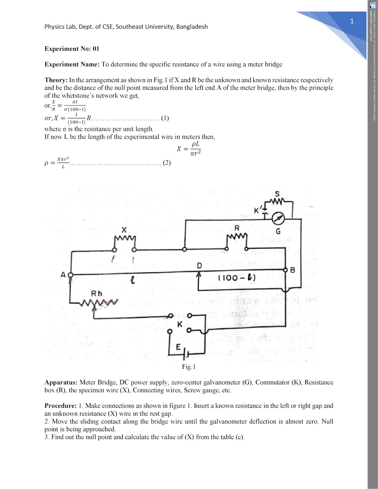 Expt.1: To determine the specific resistance of a wire using a meter bridge