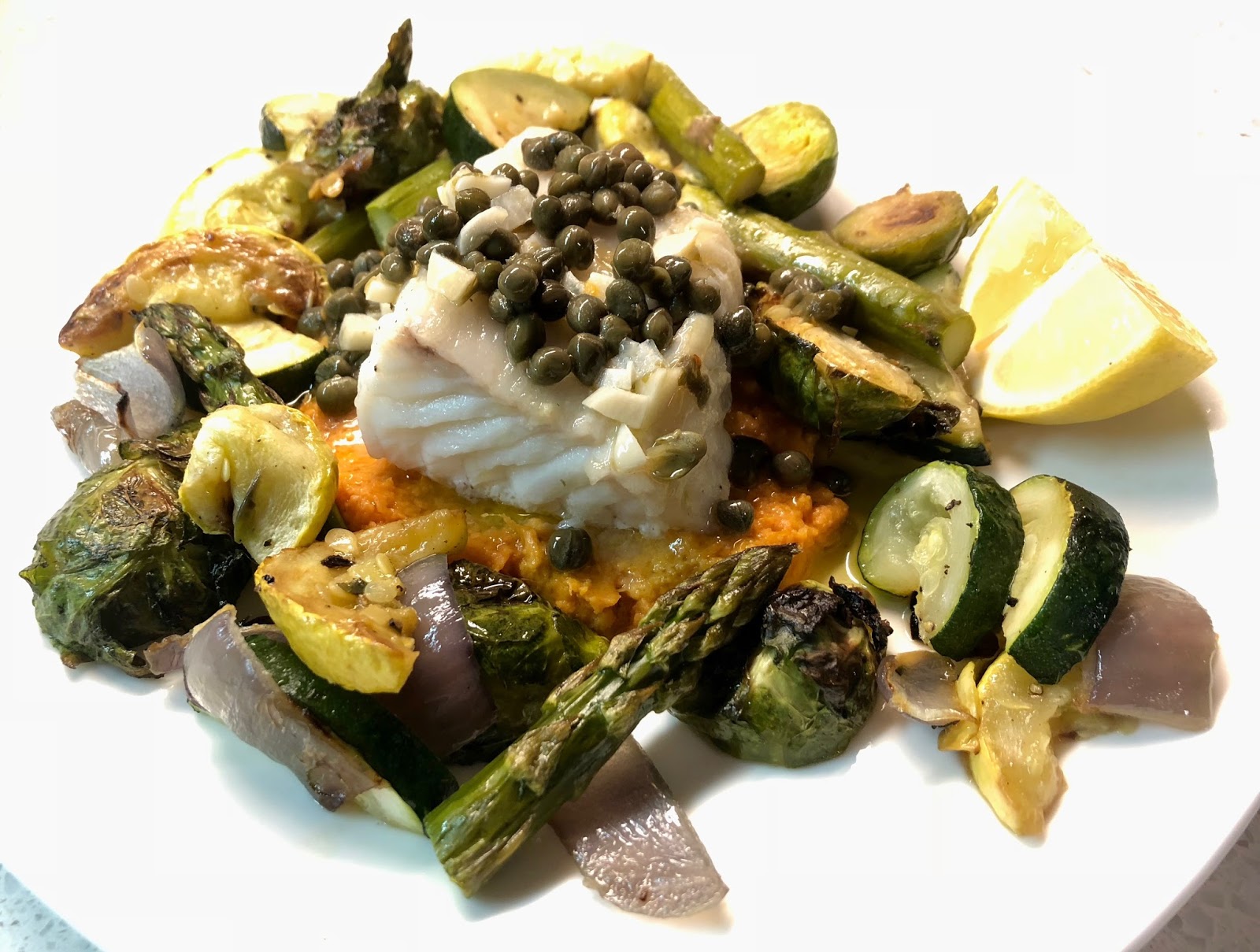 Sea Bass Piccata with Roasted Veggies & Sweet Potato Mash