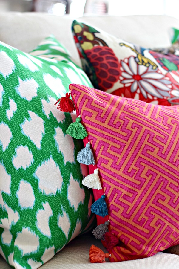 mulit color tassel trim, Kate Spade Leokat Pillow, Chiang Mai Dragon Pillow, P Kaufmann Amazed Pillow