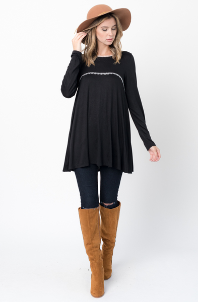 Buy Now Black Lace Trim Long Sleeve Jersey Top Tunic Online - $34 -@caralase.com