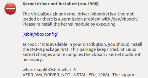 Virtualbox kernel driver not installed rc 1908
