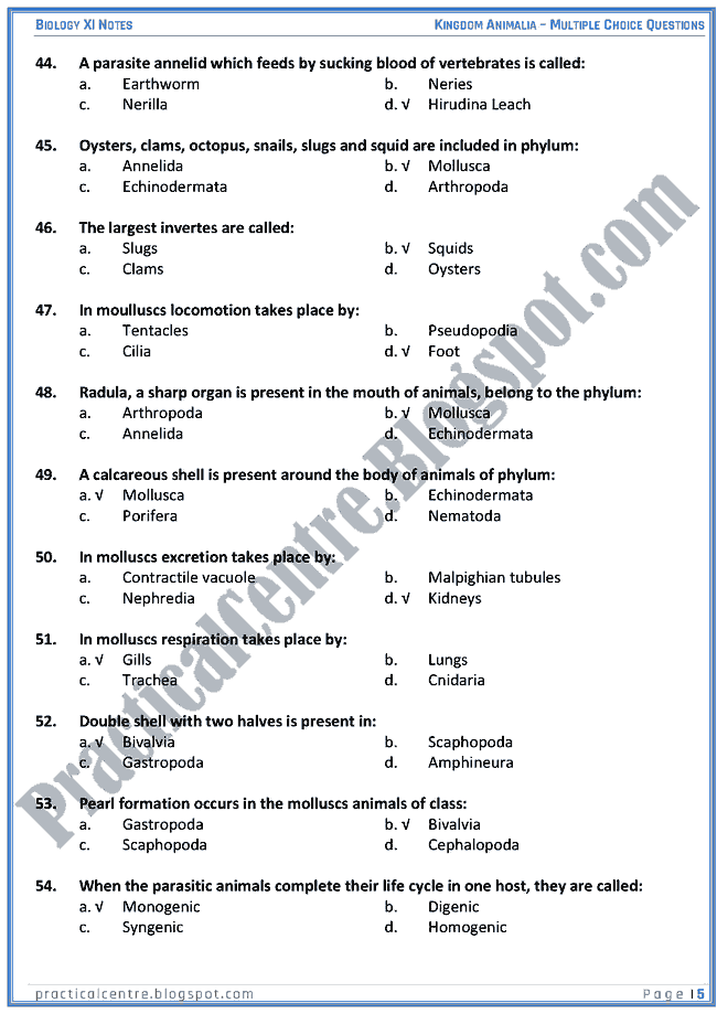 Kingdom Animalia - Multiple Choice Questions (MCQs) - Biology XI