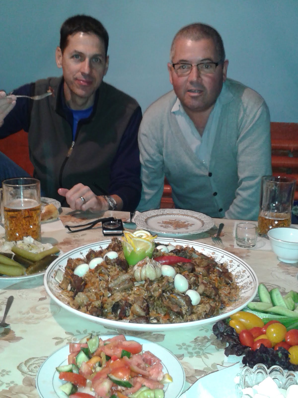 Eating Kazakh 'Plov' with my spingbok mate Jacobus