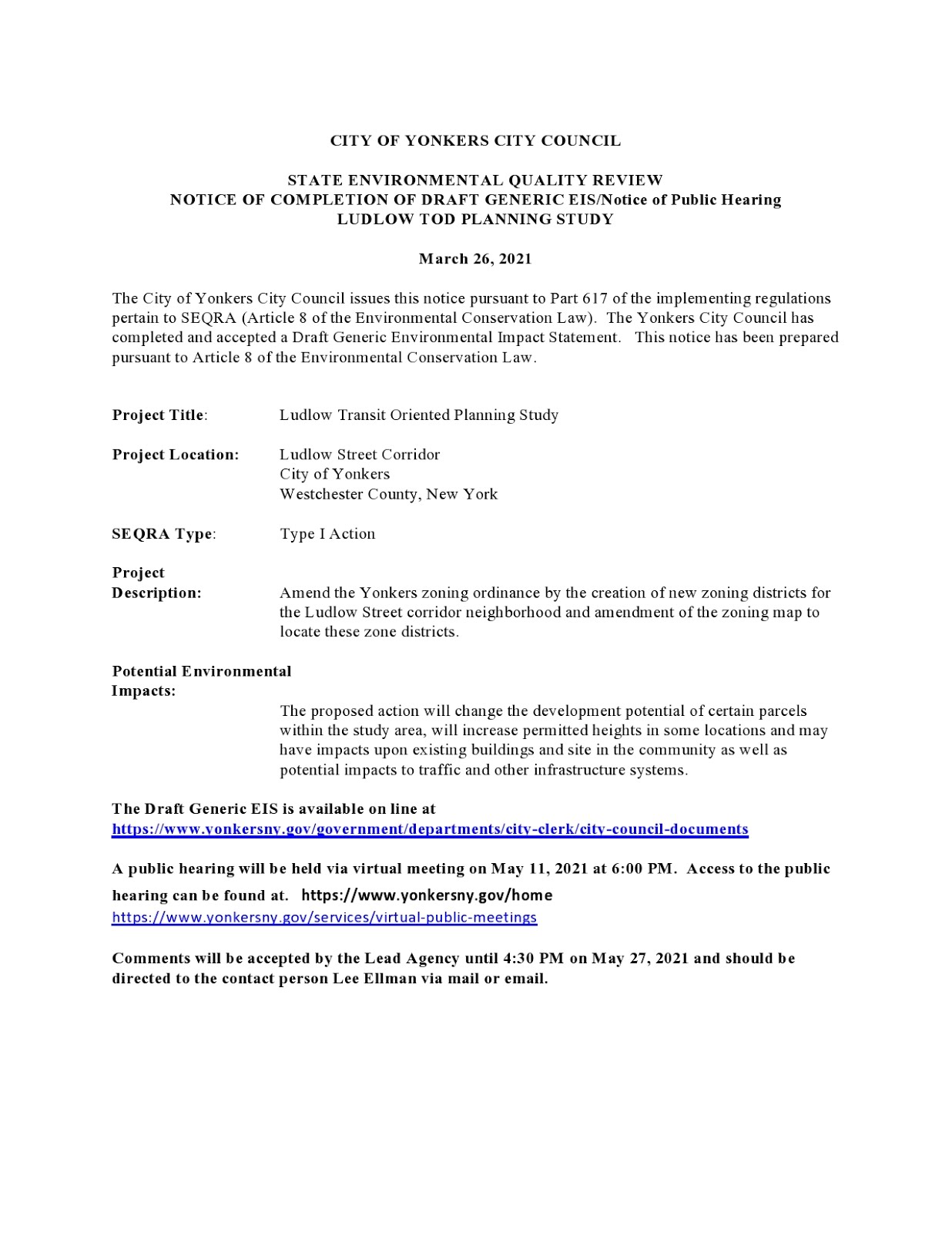 City of Yonkers Legal Notice: NOTICE OF COMPLETION OF DRAFT GENERIC EIS/Notice of Public Hearing.