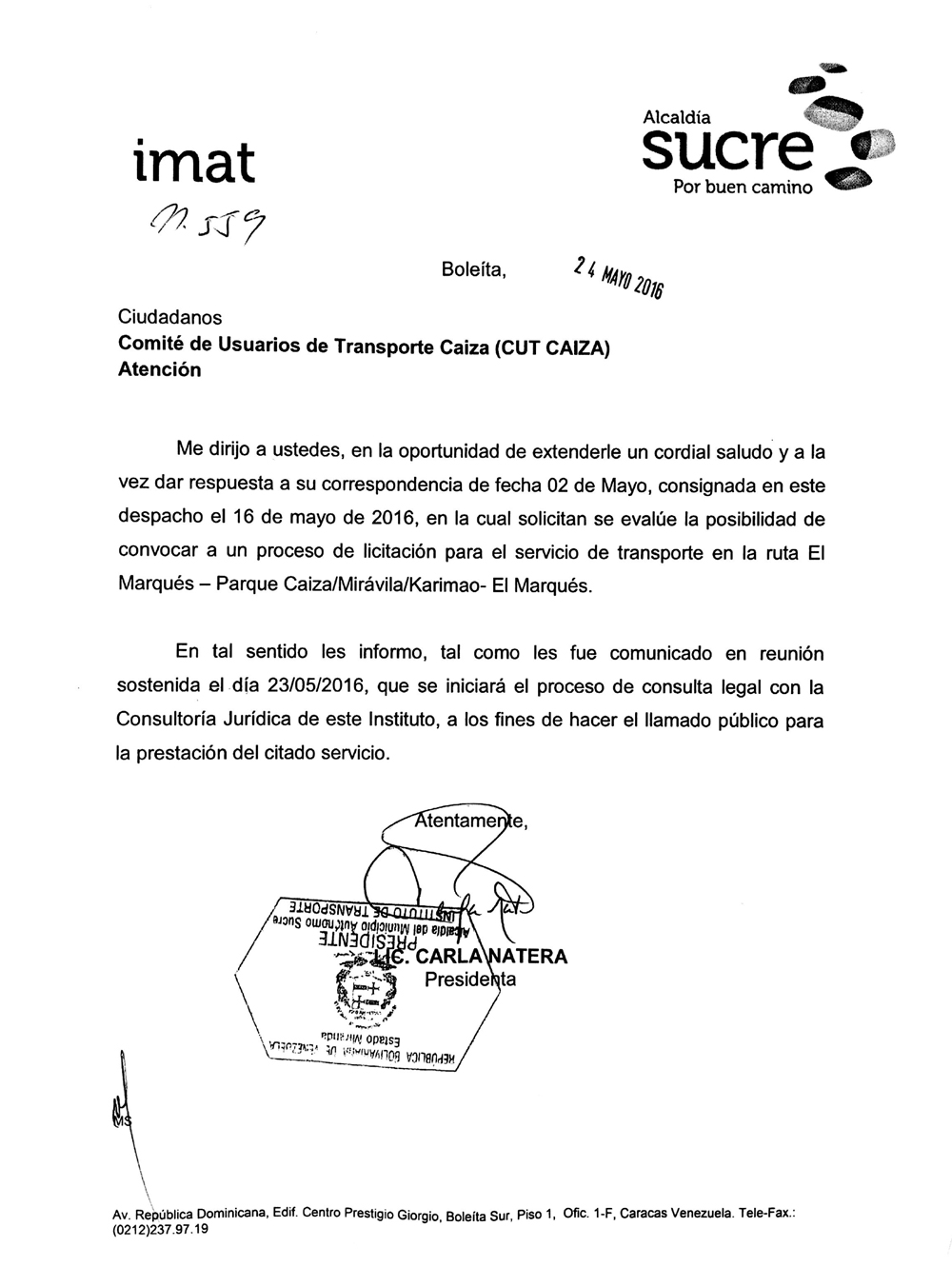 Comité de Usuarios de Transporte Caiza: Respuesta del IMAT 