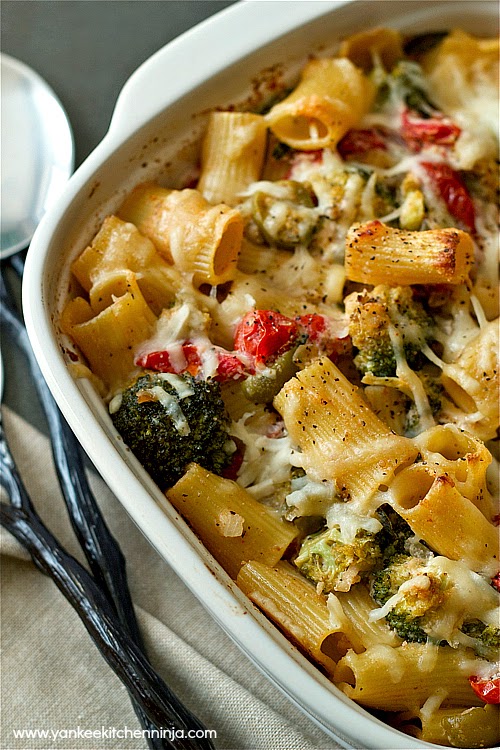 baked ziti with roasted tomatoes, broccoli and olives