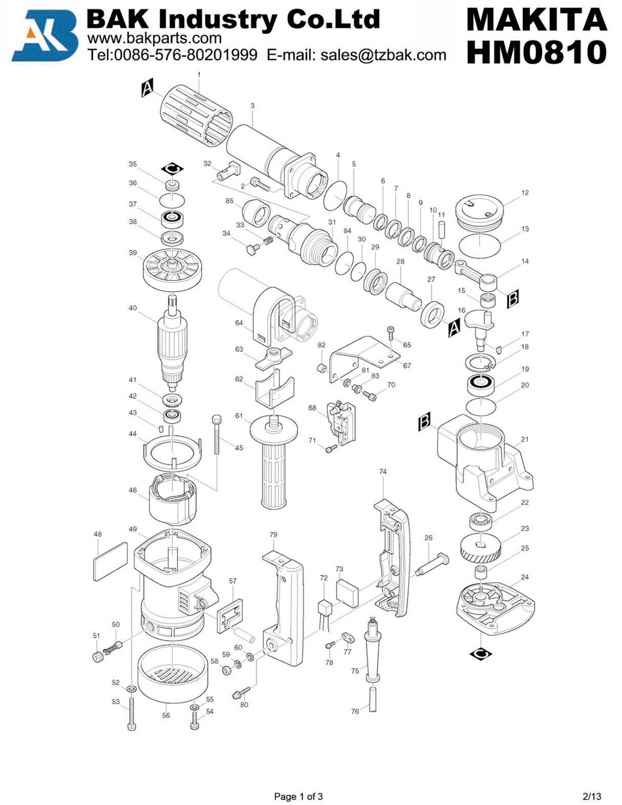 BakParts Power Tool Exploded Drawing MAKITA HM0810 ,Power Tool Parts