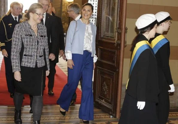 Crown Princess Victoria wore Rodebjer blouse and the Rodebjer Simone blue pants. By Malene Birger short coat