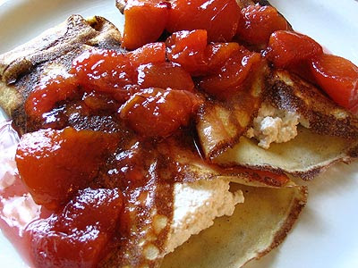 Cottage Cheese Blintzes and Peach-Plum Compote