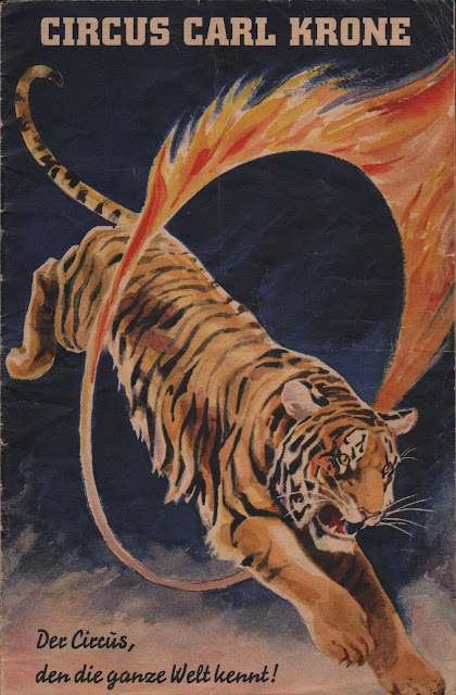 Programme papier du cirque Allemand Krone illustré d'un tigre sautant dans un cerceau en feu