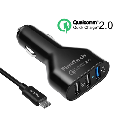 FimiTech(TM) Quick Charge 2.0 3Ports 42W Fast USB Car Charger (Universal Power 5V/2.4A and Quick Charge 12V/1.5A 9V/2A 5V/2.4A) (Include 3.3 ft 20 AWG Micro USB Cable)