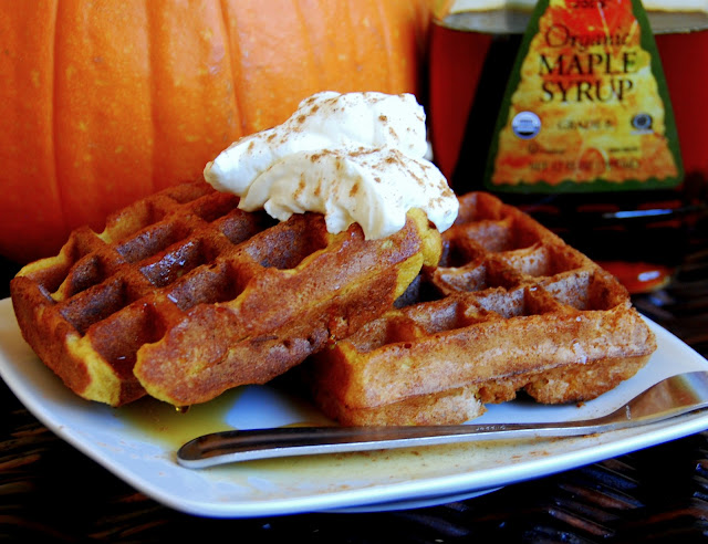 close up of 2 pumpkin waffles with whipped cream on top in front of a pumpkin and maple syrup bottle