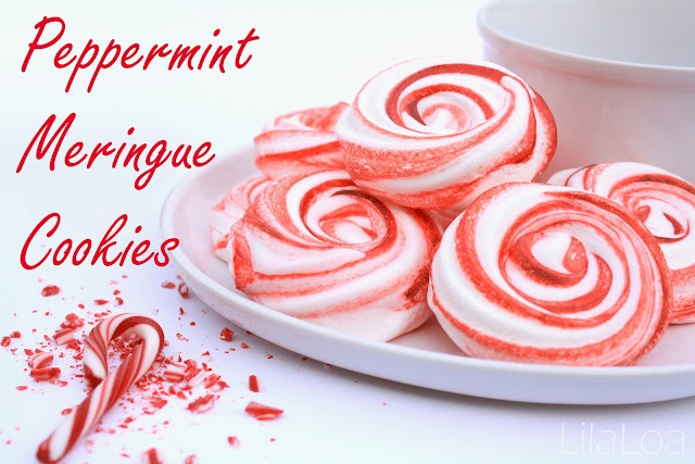 Peppermint Meringue Cookies inkatrinaskitchen.com from LilaLoa #BringtheCOOKIES A pile of red and white striped Peppermint Meringue Cookies on a white plate with a crushed candy cane