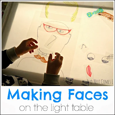 Making funny faces on the light table from And Next Comes L