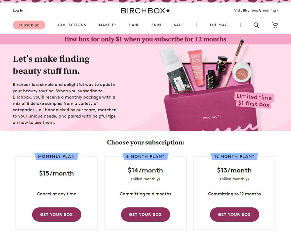 Birch Box’s website pricing page uses a chart showing tiers for the different subscription service costs