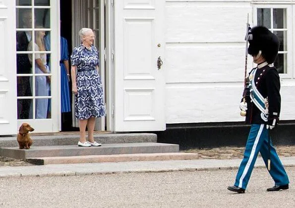 Queen Margrethe II attended ceremony of guards changing held at Grasten Palace. Crown Princess Mary