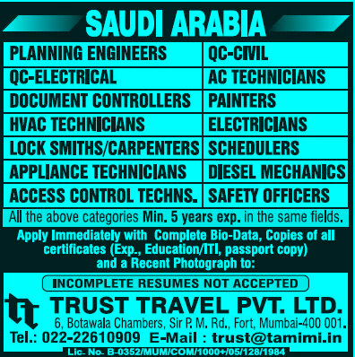 Saudi Arabia : Apply Immediately with Complete Bio-Data, Education and Experience Certificates