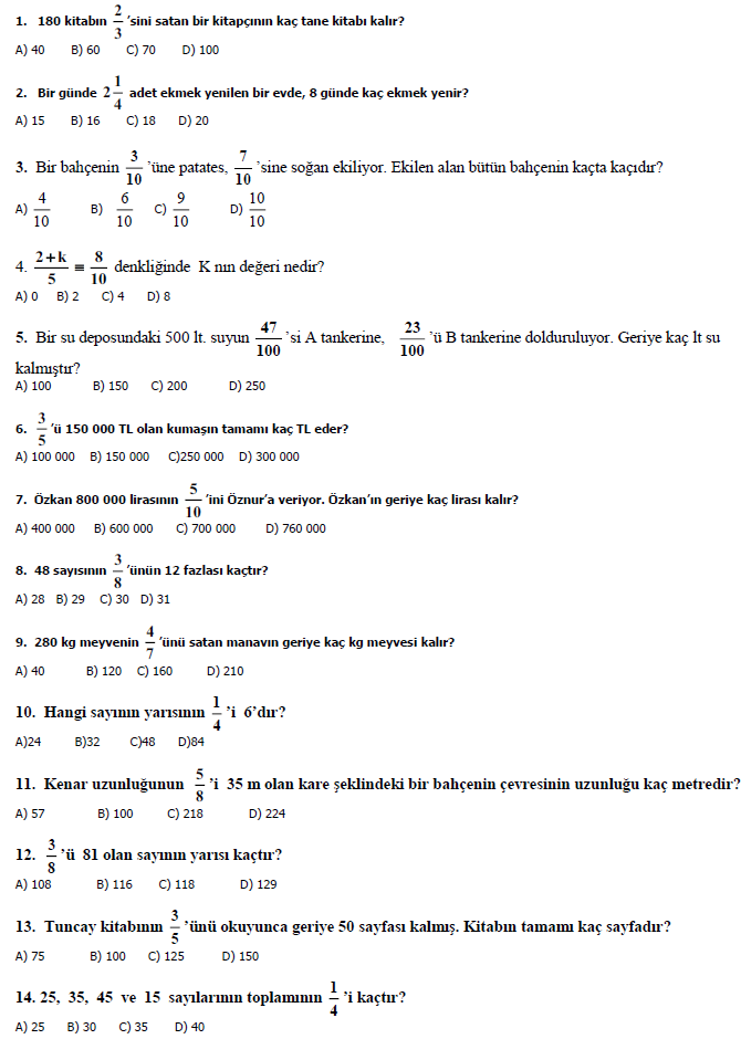4. Sınıf Matematik Kesirler Konusu Online Testi Çöz - https
