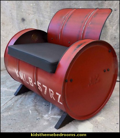Industrial Furniture Barrel Chair Distressed Red Vinyl padded seat