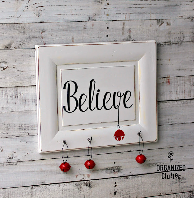 Re-Purposed Cabinet Door Christmas Sign with Target Jingle Bells #stencil #Christmasdecor #signs #stencil #believe #cabinetdoor #jinglebells