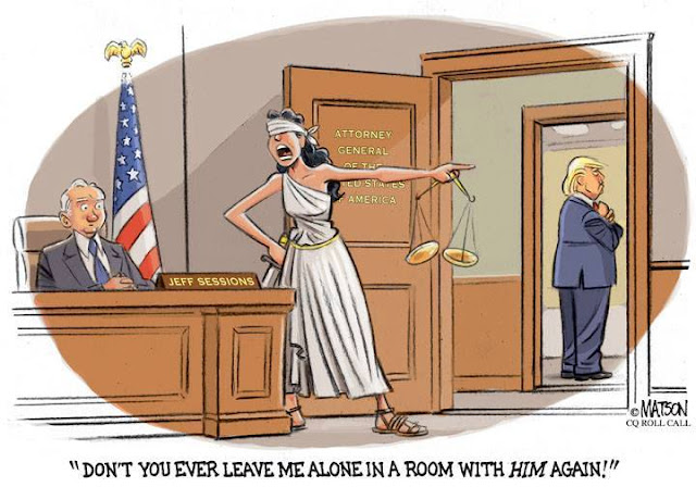 Lady Justice, her clothing disarranged, points to Donald Trump straightening his tie in the next room, screaming to Jeff Sessions, 
