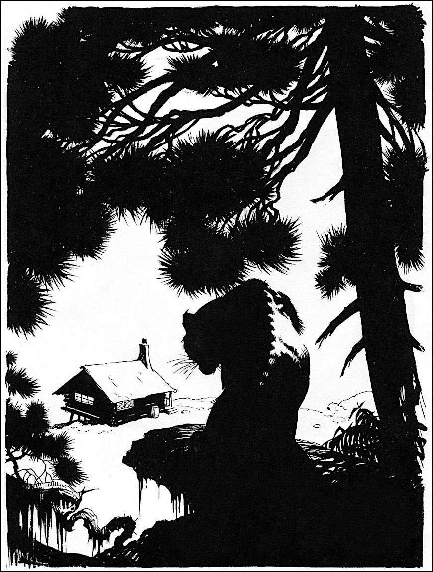 Frank Frazetta Frank Frazetta comic book art, in silhouette a big cat stalks a cabin
