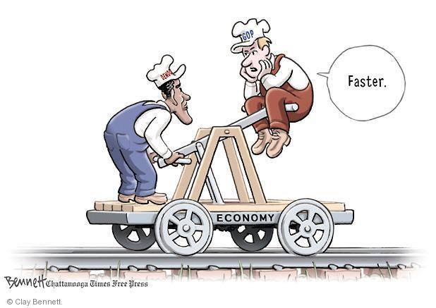 Obama as railroad worker on hand card labeled
