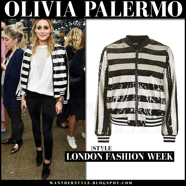 Olivia Palermo in stripe sequin black white bomber jacket at Topshop ...