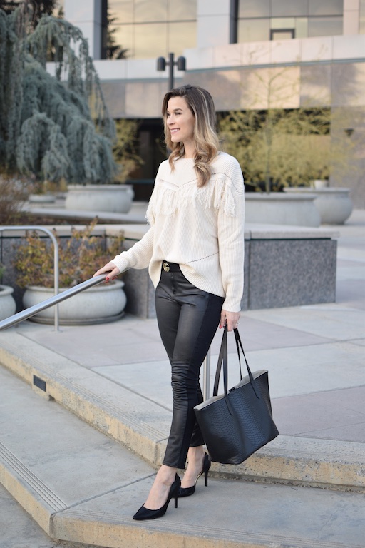 Jewelry & Jeans: Fun Fringe Sweater & Faux Leather Pants