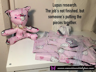 Image: an incomplete sewing project. Text: Lupus research: the Job's not finished, but someone's putting the pieces together.