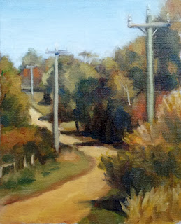 Oil painting of a dirt road with electricity poles and eucalyptus trees.