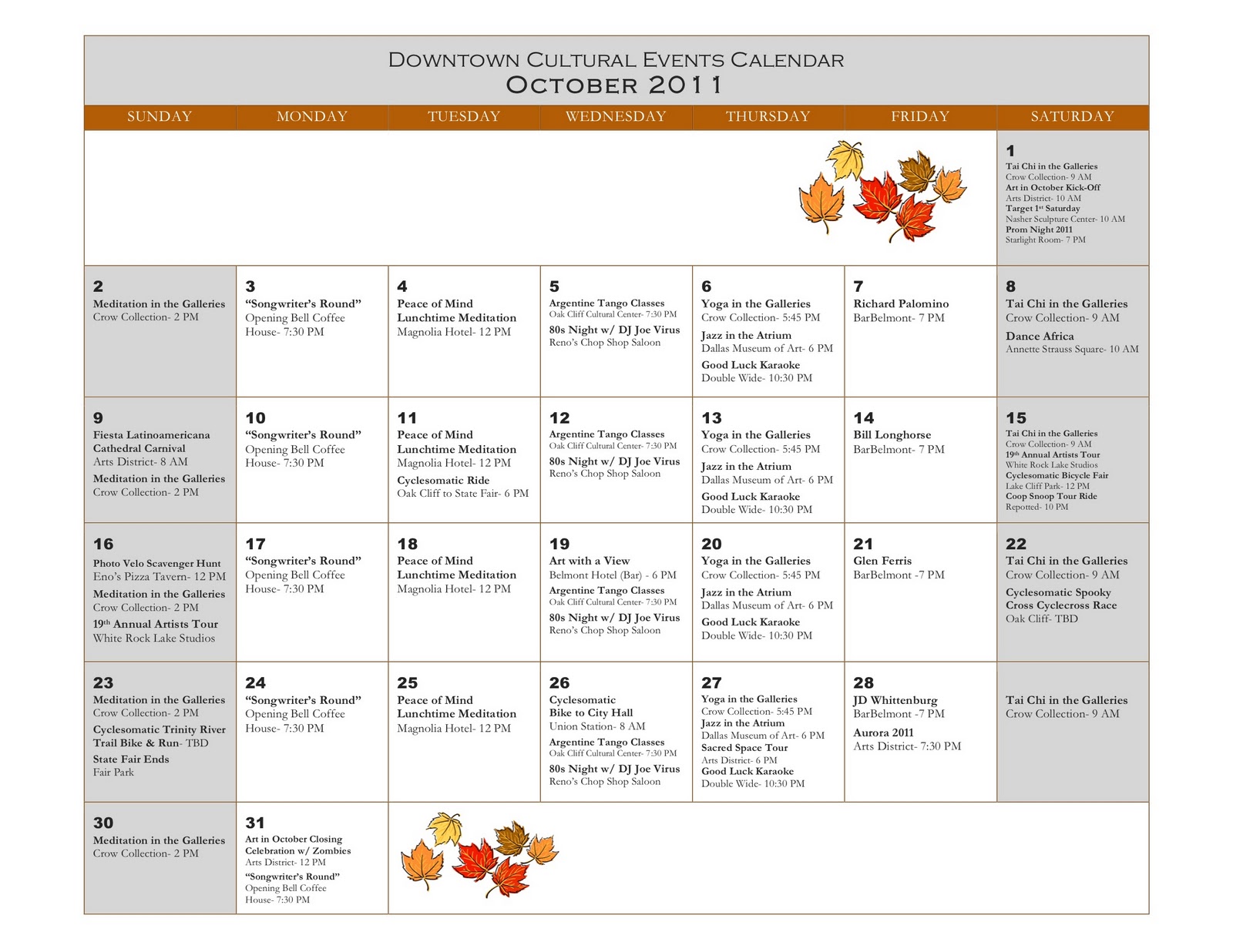 Art SAGE Downtown Dallas Cultural Events Calendar October 2011