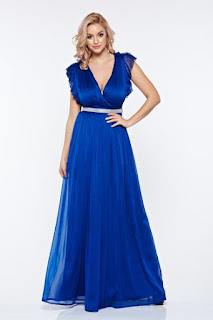 Rochie Artista albastra de ocazie din material vaporos cu decolteu adanc1