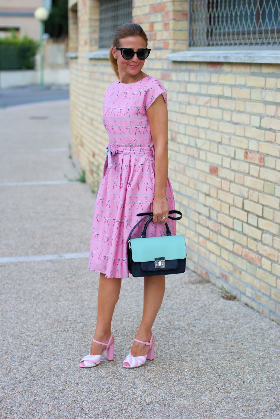 Bryony and Co flamingo dress and Moschino candy sandals on Fashion and Cookies fashion blog, fashion blogger style
